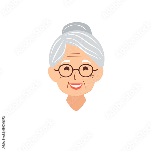 Cartoon illustration of a smiling elderly woman wearing glasses