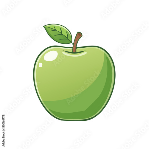 Stylized Bright Green Apple Fruit Graphic with Stem and Leaf for Health Concepts