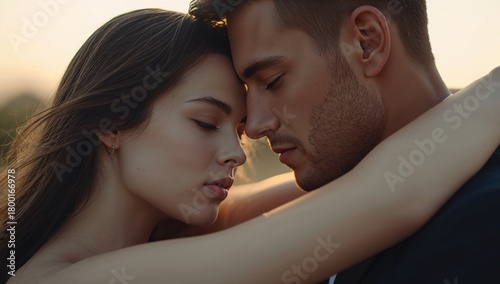 Couple Embracing in a Tender Moment During Sunset at a Natural Setting