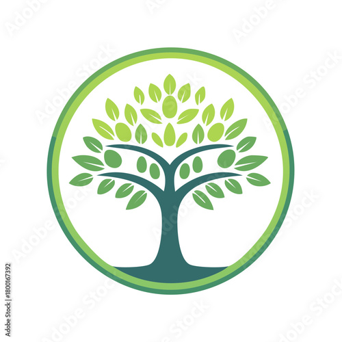 Stylized green tree with leaves and fruit inside a circular frame logo symbol