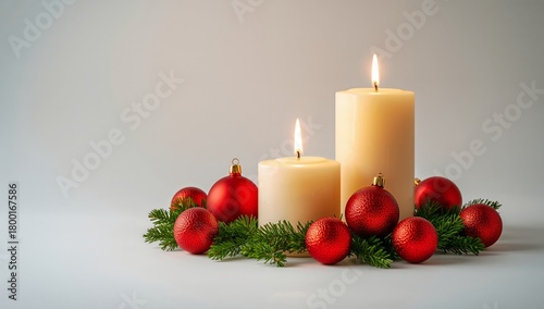 Elegant Holiday Candle Arrangement With Red Ornaments and Green Branches