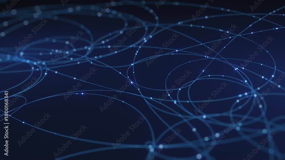 Abstract blue glowing lines dots on dark background. Digital technology ...