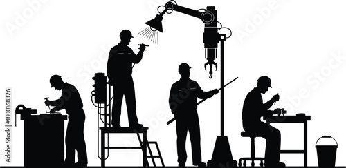 Industrial workers operating machinery, manufacturing production process, engineering teamwork with 