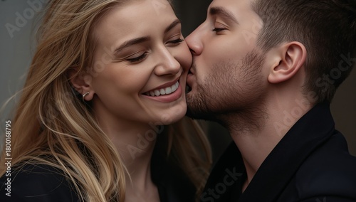 Couple Sharing a Sweet Moment in a City Street During a Sunny Day