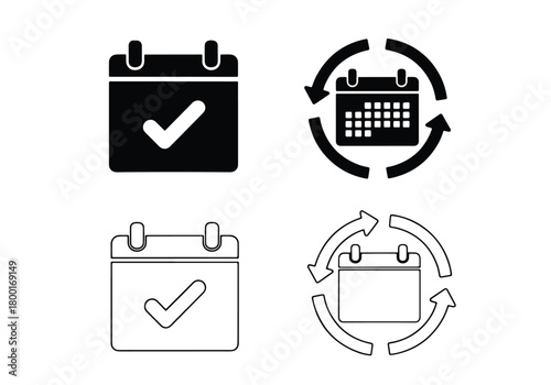 Calendar icons set check mark recycle arrow symbol - Vector icon symbol for website - Icon vector - Blue icon vector - Line and glyph solid icon set