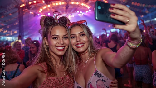 Friends Taking a Selfie at a Vibrant Festival With Colorful Lights in the Bac...
