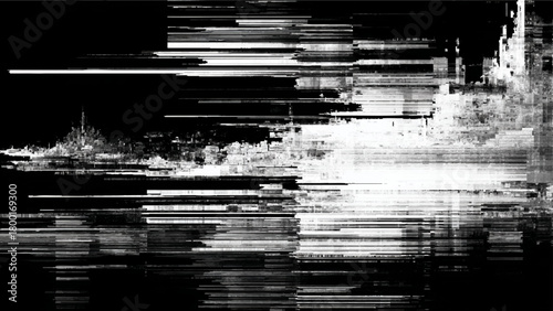 Abstract Black and White Glitch Art with Fragmented Urban Landscape