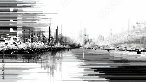 Abstract black and white cityscape illustration with horizontal lines and reflections