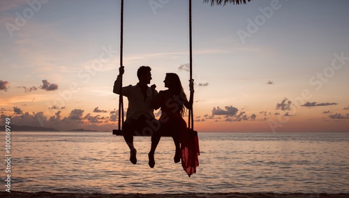 Couple on Swings Enjoy Sunset at Beach in Tropical Paradise With Calm Waters ...