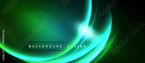 Abstract green light waves form dynamic background. Smooth gradients create futuristic, elegant design. Dark edges emphasize central glow.