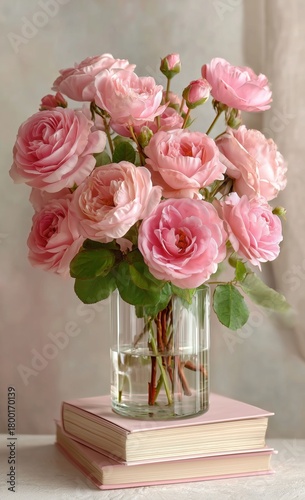 Beautiful Pink Roses in a Vase on Stacked Books in a Softly Lit Setting