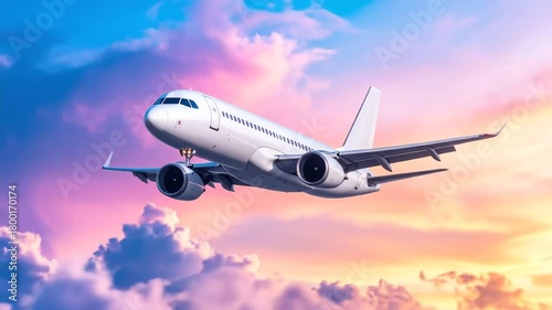 Airplane Flying Through Colorful Sky - A Journey Through the Clouds.
