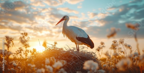 Stork Standing on Nest During Sunset in a Vibrant Meadow Filled With Flowers