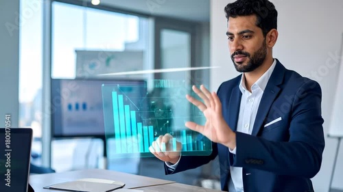 Analyzing Financial Data with Holographic Technology in Modern Office.