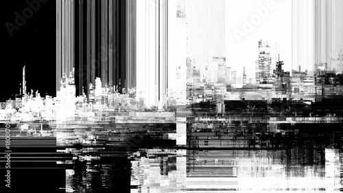 Abstract cityscape illustration in black and white with glitch effect design
