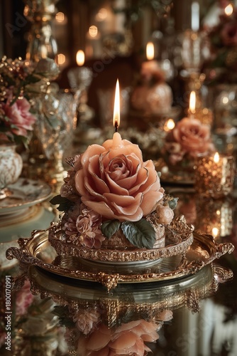 Elegant Rose-Shaped Candle Illuminating a Cozy Living Room Setting in Soft Ev...