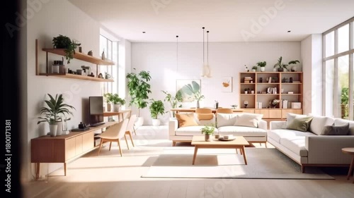Bright and Airy Living Room Interior Design with Plants.