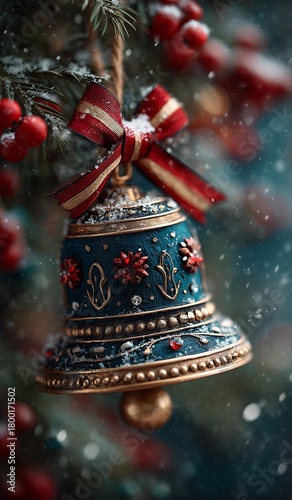 Beautifully Decorated Bell Hangs From a Snowy Tree Branch During the Festive ...