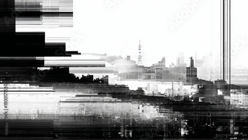 Abstract monochrome cityscape glitch art design with skyscraper in horizon