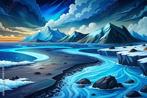 Cold steel blue sea touching black volcanic sand beach cartoon illustration vector, dramatic weather and distant glaciers