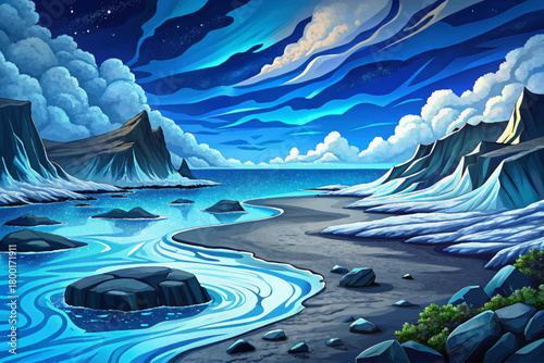 Cold steel blue sea touching black volcanic sand beach cartoon illustration vector, dramatic weather and distant glaciers