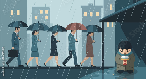 Contrast in the city: Affluent commuters ignore a desolate child in rain