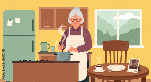 Grandmother Cooking a Meal in a Cozy Kitchen, Nostalgic Ambience