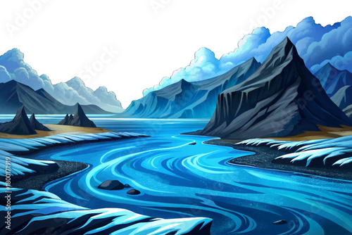 Cold steel blue sea touching black volcanic sand beach cartoon illustration vector, dramatic weather and distant glaciers