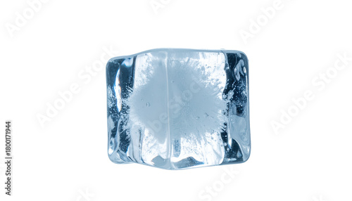 A single, clear ice cube with cloudy air bubbles is prominently featured, isolated on a clean transparent background, ideal for beverage advertising.