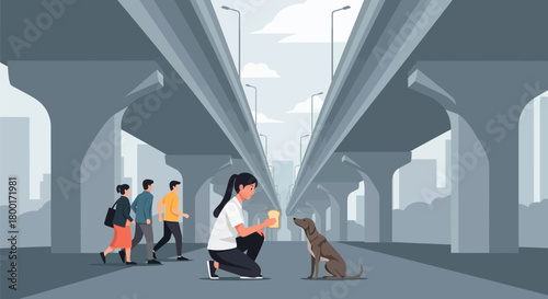 Kindness under the bridge: A woman shares food with a street dog in city