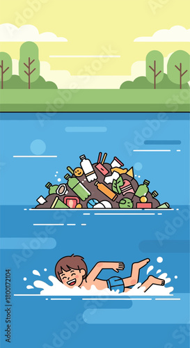 Visual representation of a young person swimming in polluted water body