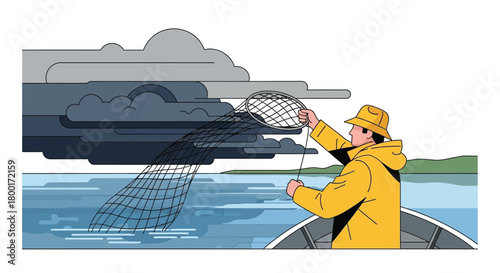 Solitary fisherman casts net under brooding skies in tranquil waters