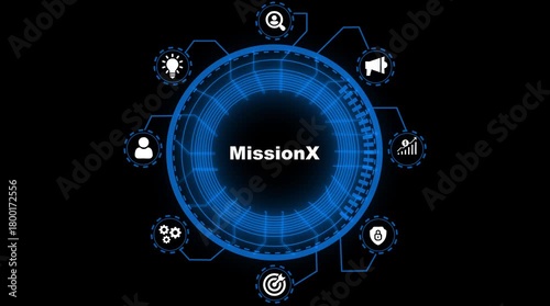 Mission X digital interface H U D with icons for business strategy innovation growth security and marketing on a dark background