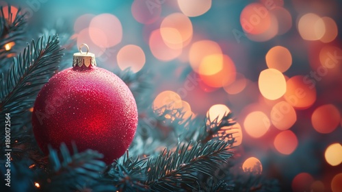Red Ornament Hangs on a Christmas Tree With Colorful Bokeh Lights in the Fest...