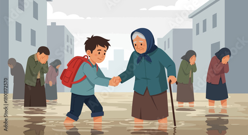 Compassionate youth aiding senior citizen in flood-stricken urban landscape