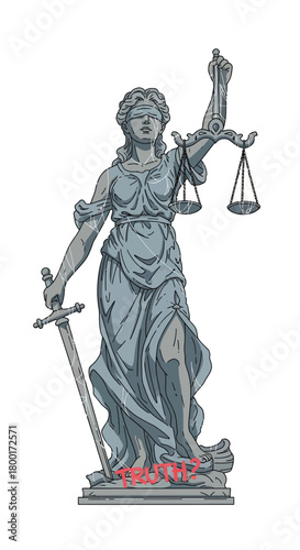 Conceptual lady justice illustration questioning about the current truth