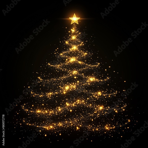 Sparkling Golden Christmas Tree Shining Brightly in a Dark Space With a Star ...