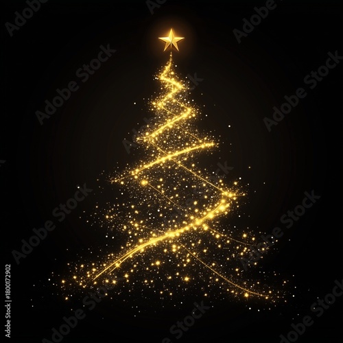 Golden Sparkling Christmas Tree With Star at the Top Against Black Background