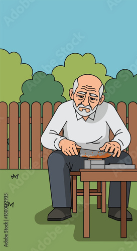 Elderly man sharpening a knife outdoors in a peaceful garden setting