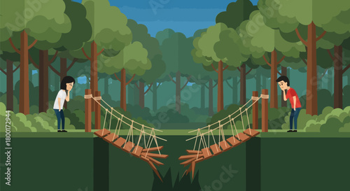 Facing challenges broken bridge concept with two people in forest backdrop