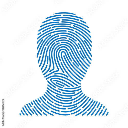 Unique vector icon showing a human head silhouette filled with blue fingerprint patterns on a white background. Represents digital identity, personal data security, biometrics, verification