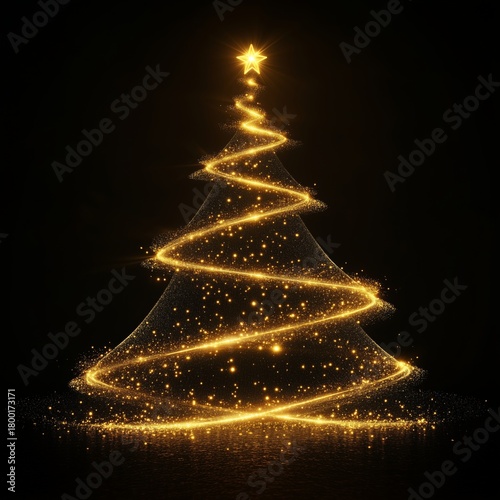 Golden Sparkling Christmas Tree With Star at the Top Against Black Background