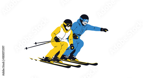 Illustrative skiers downhill sporting a minimalist cartoon aesthetic style
