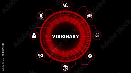 Visionary technology hub with futuristic H U D elements and business icons representing innovation strategy growth security and communication