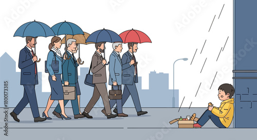 Conceptual illustration of social inequality and empathy in urban setting