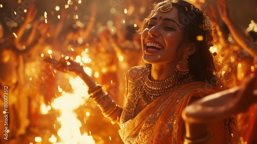 Celebration of Joy During a Vibrant Festival With Fireworks in the Background