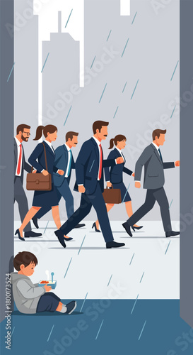 Corporate apathy amidst child poverty in rainy urban landscape illustration