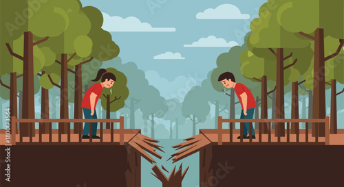 Illustration of couple separated by broken bridge depicting a relationship crisis