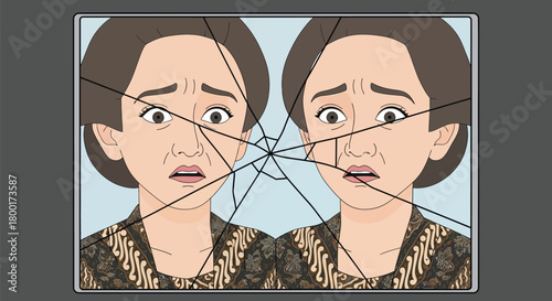 Shattered Reflections: Cartoon Woman's Worried Expression in Broken Mirror