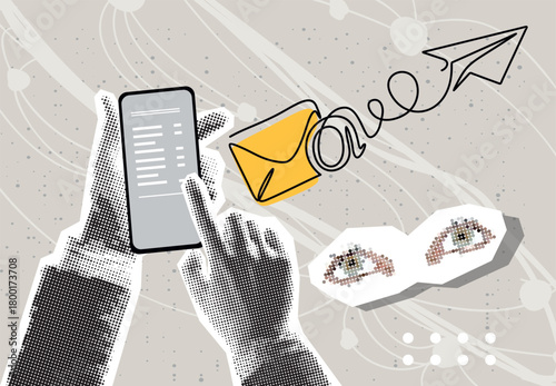 Trendy halftone collage Hand holding phone send e-mail, envelope with at sign in continuous one line drawing.  Trendy illustration for business, web banner social media. 